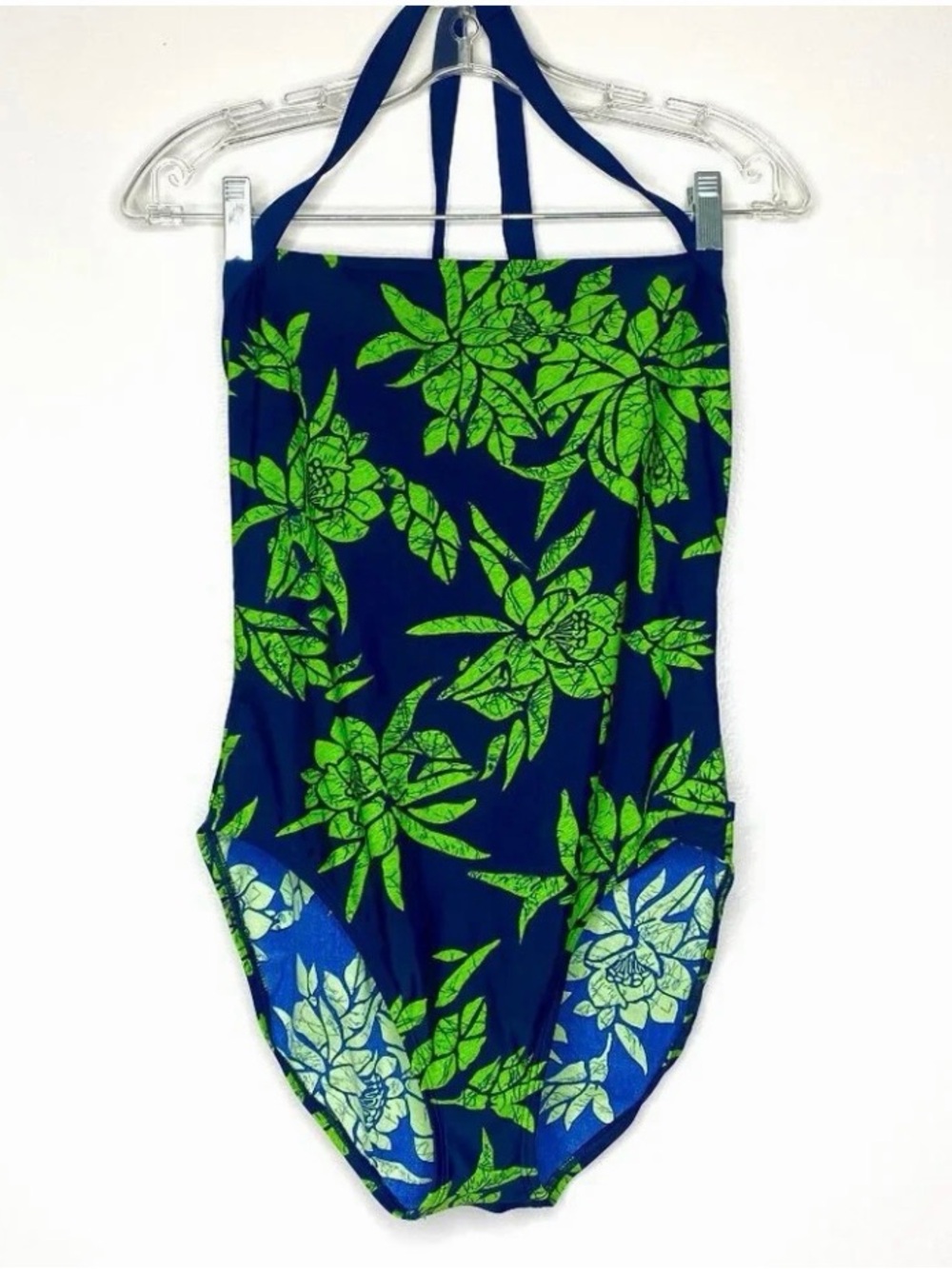 Nautica Navy Blue Halter One-Piece Swimsuit with Green Floral Print